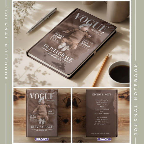 Personalized Baby Vogue Magazine Cover Notebook – Custom Name & Photo, Stylish Mom Gift